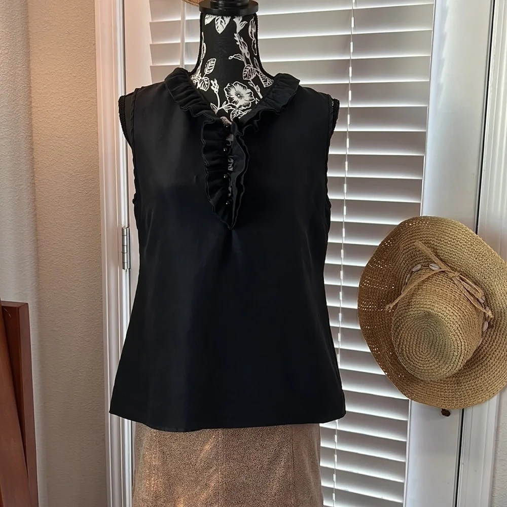 Kate Spade Silk Ruffle Front Sleeveless Blouse Black Small